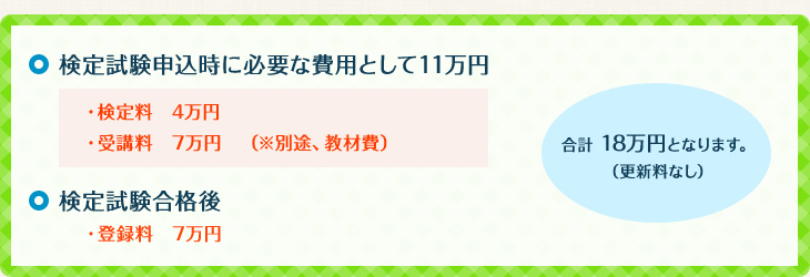 検定試験申込時に必要な費用として11万円（・検定料　4万円・受講料　7万円　（※別途、教材費）)
		検定試験合格後・登録料　7万円　合計　18万円となります。 （更新料なし）